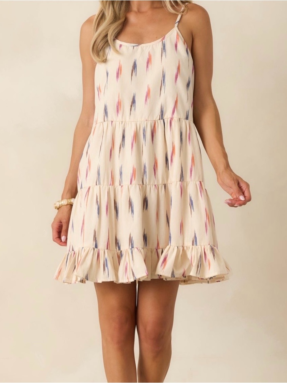 Red Dress Boutique Cream Ikat-Print Tiered Mini Dress with Pink & Blue Accents